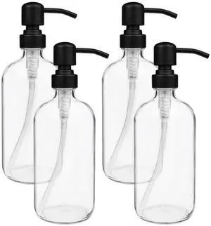 4 Pack Glass Soap Dispenser with Matte Black Stainless Steel Pump, 16 Oz Clear Boston Round Bottles Bathroom Kitchen Soap Dispenser for Essential Oil, Dish Soap, Hand Soap, Lotion Soap 4 Pack Glass Soap Dispenser with Matte Black Stainless Steel Pump, 16 Oz Clear Boston Round Bottles Bathroom Kitchen Soap Dispenser for Essential Oil, Dish Soap, Hand Soap, Lotion Soap