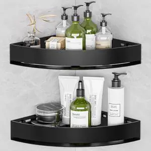 Black Corner Shower Caddy - Rustproof Aluminium Triangle Shower Shelf - No Drill & Drill Installation - 2 Bathroom Shelves Wall Mounted (20LB Capacity/Tier) Black Corner Shower Caddy - Rustproof Aluminium Triangle Shower Shelf - No Drill & Drill Installation - 2 Bathroom Shelves Wall Mounted (20LB Capacity/Tier)
