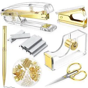 Office Supplies Set Desk Accessory Kit, Acrylic Stapler Set Staple Remover, Tape Dispenser, Binder Clips, Paper Clips, Ballpoint Pen and Scissor with 1000 Pieces 26/6 Staples (Gold) Office Supplies Set Desk Accessory Kit, Acrylic Stapler Set Staple Remover, Tape Dispenser, Binder Clips, Paper Clips, Ballpoint Pen and Scissor with 1000 Pieces 26/6 Staples (Gold)