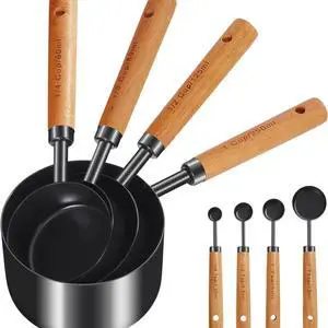 8-Piece Food-Grade Measuring Cups and Spoons Set, Nonstick Black Kitchen Measure Set with Non-Slip Wooden Handle, Engraved US & Metric Markings for Cooking & Baking 8-Piece Food-Grade Measuring Cups and Spoons Set, Nonstick Black Kitchen Measure Set with Non-Slip Wooden Handle, Engraved US & Metric Markings for Cooking & Baking
