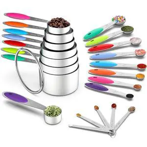 Stainless Measuring Cups and Spoons Set with Silicone Handle, 21pcs Stainless Measuring Cups and Spoons Set with Silicone Handle, 21pcs