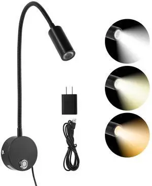 Reading Light for Bed, Wall Mounted Reading Lights with 15" Flexible Gooseneck, Touch Control, 3 Colors Temperature and Stepless Dimmable, Plug in Headboard Bedside Light(1 Pack) Reading Light for Bed, Wall Mounted Reading Lights with 15" Flexible Gooseneck, Touch Control, 3 Colors Temperature and Stepless Dimmable, Plug in Headboard Bedside Light(1 Pack)