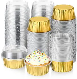 200 Pcs Aluminum Foil Baking Cups with Lids, 5 oz Disposable Ramekins Mini Cake Pans Flan Mold Pudding Dessert Muffin Creme Brulee Container for Wedding Birthday Christmas Party (Round, Gold) 200 Pcs Aluminum Foil Baking Cups with Lids, 5 oz Disposable Ramekins Mini Cake Pans Flan Mold Pudding Dessert Muffin Creme Brulee Container for Wedding Birthday Christmas Party (Round, Gold)