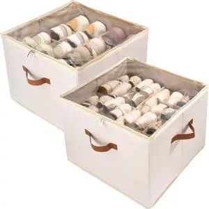 Shoe Organizer Box 2 Pack, Shoe Storage Organizer with Clear Cover, Adjustable Dividers Fits 16-32 Pairs, Fabric Shoe Organizer for Closet, Beige Shoe Organizer Box 2 Pack, Shoe Storage Organizer with Clear Cover, Adjustable Dividers Fits 16-32 Pairs, Fabric Shoe Organizer for Closet, Beige