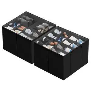 2 Pack Shoe Organizer for Closet, Fits up to 32 Pairs, Small Space Shoe Storage Boxes Bins Containers w/Adjustable Dividers and Clear Top, Black 2 Pack Shoe Organizer for Closet, Fits up to 32 Pairs, Small Space Shoe Storage Boxes Bins Containers w/Adjustable Dividers and Clear Top, Black