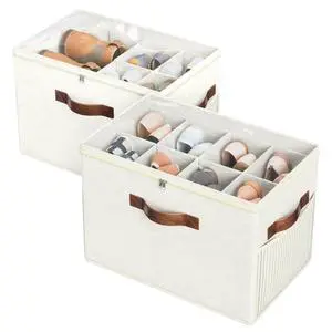 2 Pack Shoe Organizer for Closet, Clear Foldable Shoe Storage Containers Adjustable Dividers Fits 16 Pairs,Shoe Storage Bins Baskets Boxes with Reinforced Handles Beige 2 Pack Shoe Organizer for Closet, Clear Foldable Shoe Storage Containers Adjustable Dividers Fits 16 Pairs,Shoe Storage Bins Baskets Boxes with Reinforced Handles Beige