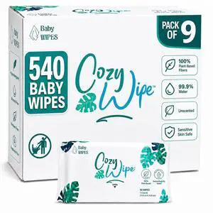 Baby Wipes, 99.9% Water Based Unscented Diaper Wipes for Sensitive Newborn Skin, Plant-Based, Plastic-Free, 9 Packs, 540 Count Baby Wipes, 99.9% Water Based Unscented Diaper Wipes for Sensitive Newborn Skin, Plant-Based, Plastic-Free, 9 Packs, 540 Count
