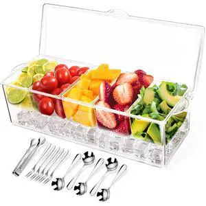 Condiment Tray with Stainless Steel 5 Spoons, 5 Forks and 1 Clip, Chilled Condiment Server, Condiment Server, Bar Garnish Holder on Ice, Bar Accessories Fruit and Salad with Removable Trays and Lid Condiment Tray with Stainless Steel 5 Spoons, 5 Forks and 1 Clip, Chilled Condiment Server, Condiment Server, Bar Garnish Holder on Ice, Bar Accessories Fruit and Salad with Removable Trays and Lid