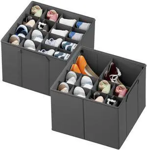 Shoe Organizer for Closet, 2 Pack Foldable Shoe Storage Containers Baskets Boxes Bins w/Adjustable Dividers, Fits 16-32 Pairs, Grey Shoe Organizer for Closet, 2 Pack Foldable Shoe Storage Containers Baskets Boxes Bins w/Adjustable Dividers, Fits 16-32 Pairs, Grey