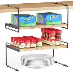 Cabinet Shelf Organizers 2 Pack, Kitchen Counter Organizer Rack Under Shelves Riser, Pantry Cupboard Storage Organization, Metal and Wood, Black and Natural, 16" Wide Cabinet Shelf Organizers 2 Pack, Kitchen Counter Organizer Rack Under Shelves Riser, Pantry Cupboard Storage Organization, Metal and Wood, Black and Natural, 16" Wide