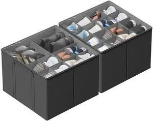 2 Pack Shoe Organizer for Closet, Fits up to 32 Pairs, Small Space Shoe Storage Boxes Bins Containers w/Adjustable Dividers and Clear Top, Grey 2 Pack Shoe Organizer for Closet, Fits up to 32 Pairs, Small Space Shoe Storage Boxes Bins Containers w/Adjustable Dividers and Clear Top, Grey