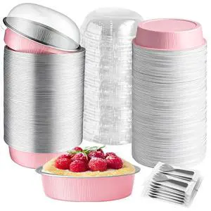 Mini Cake Pans With Lids And Spoons, Baking Tins For Round Small Desserts 7 Oz Aluminum Foil Baking Pans Disposable Ramekins Individual Cake Containers Holders For Tart Quiche Flan (50, Pink) Mini Cake Pans With Lids And Spoons, Baking Tins For Round Small Desserts 7 Oz Aluminum Foil Baking Pans Disposable Ramekins Individual Cake Containers Holders For Tart Quiche Flan (50, Pink)
