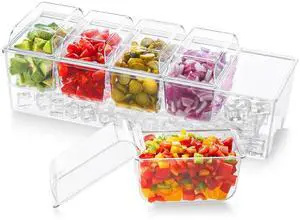 Chilled Condiment Caddy with 5 x 20 oz Containers, Compact 15" Garnish Tray with Lids for Bartenders, Taco Bar Party Serving Set & Dirty Soda Bar Supplies, Ideal for Fruit, Salad, Toppings Chilled Condiment Caddy with 5 x 20 oz Containers, Compact 15" Garnish Tray with Lids for Bartenders, Taco Bar Party Serving Set & Dirty Soda Bar Supplies, Ideal for Fruit, Salad, Toppings