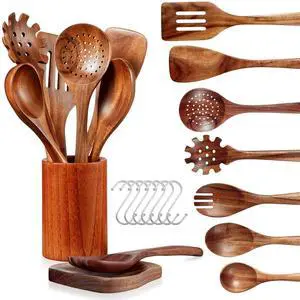 Wooden Spoons for Cooking - 10 Piece Natural Teak Wood Kitchen Utensil Set, Wooden Spoons Set with Holder, Spoon Rest & Hooks, Wooden Spatula Set with 7 metal hooks Wooden Spoons for Cooking - 10 Piece Natural Teak Wood Kitchen Utensil Set, Wooden Spoons Set with Holder, Spoon Rest & Hooks, Wooden Spatula Set with 7 metal hooks