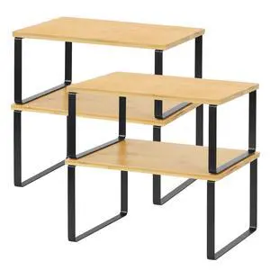 Kitchen Cabinet and Counter Shelf Organizer, Stackable & Expandable, Set of 4, Black and Natural Kitchen Cabinet and Counter Shelf Organizer, Stackable & Expandable, Set of 4, Black and Natural