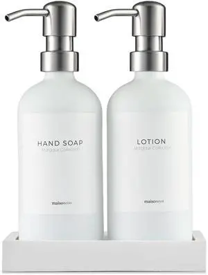 Soap and Lotion Dispenser Set - Bathroom Soap Dispenser Set with White Soap Dispenser, Silver Pumps & Concrete Tray Soap and Lotion Dispenser Set - Bathroom Soap Dispenser Set with White Soap Dispenser, Silver Pumps & Concrete Tray