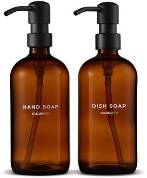Soap Dispenser 2-Piece Set | 16.9oz Amber Bottles with Black Plastic Pumps Soap Dispenser 2-Piece Set | 16.9oz Amber Bottles with Black Plastic Pumps