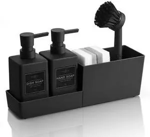 Kitchen Soap Dispenser Set with Sponge Holder and Brush for Sink Rack Hand Soap and Dish Soap Dispensers Black 4-in-1 Kitchen Soap Dispenser Set with Sponge Holder and Brush for Sink Rack Hand Soap and Dish Soap Dispensers Black 4-in-1