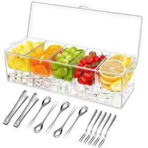 5 Compartment Condiment Server, Ice Chilled Condiment Containers with Lid, Clear Condiment Caddy Serving Tray on Ice with 5 Serving Spoons 5 Fruit Forks 2 Serving Tongs 5 Compartment Condiment Server, Ice Chilled Condiment Containers with Lid, Clear Condiment Caddy Serving Tray on Ice with 5 Serving Spoons 5 Fruit Forks 2 Serving Tongs