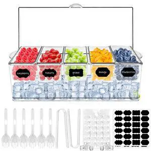 Ice Chilled Condiment Server Caddy, Bar Fruit Caddy with Lid and 5 Removable Compartments, Plastic Storage Food Container Clear Ice Condiment Serving Tray for Party, Toppings Bar Container Ice Chilled Condiment Server Caddy, Bar Fruit Caddy with Lid and 5 Removable Compartments, Plastic Storage Food Container Clear Ice Condiment Serving Tray for Party, Toppings Bar Container