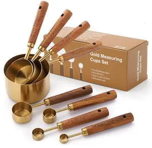 Gold Measuring Cups and Spoons Set with Wood Handles, Premium Stainless Steel Measuring Spoons and Measuring Cups Set-Gold Gold Measuring Cups and Spoons Set with Wood Handles, Premium Stainless Steel Measuring Spoons and Measuring Cups Set-Gold