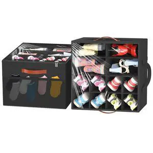 2 Pack Shoe Organizer for Closet, Foldable Shoe Storage Organizer Box w/Clear Cover and 4 Reinforced Handles, Space Saving Shoes Bin Fits up to 32 Pairs, Black 2 Pack Shoe Organizer for Closet, Foldable Shoe Storage Organizer Box w/Clear Cover and 4 Reinforced Handles, Space Saving Shoes Bin Fits up to 32 Pairs, Black