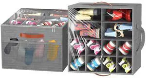 2 Pack Shoe Organizer for Closet, Foldable Shoe Storage Organizer Box w/Clear Cover and 4 Reinforced Handles, Space Saving Shoes Bin Fits up to 32 Pairs, Grey 2 Pack Shoe Organizer for Closet, Foldable Shoe Storage Organizer Box w/Clear Cover and 4 Reinforced Handles, Space Saving Shoes Bin Fits up to 32 Pairs, Grey