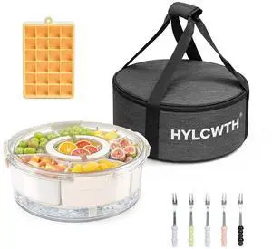 Divided Serving Tray with Lid and Handle, Rounded Snackle Box with 6 Compartments and Chill Base for Fruits, Candy, Veggie, Travel Snack Container with Portable Insulated Bag & Ice Cube Tray & 5 Forks Divided Serving Tray with Lid and Handle, Rounded Snackle Box with 6 Compartments and Chill Base for Fruits, Candy, Veggie, Travel Snack Container with Portable Insulated Bag & Ice Cube Tray & 5 Forks