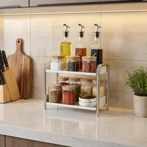 Cabinet Organizer Shelf, 2 Tier Kitchen Spice Rack Countertop Shelf Organizer, Stainless Steel Kitchen Storage Countertop Storage Shelf Container, (S, White) Cabinet Organizer Shelf, 2 Tier Kitchen Spice Rack Countertop Shelf Organizer, Stainless Steel Kitchen Storage Countertop Storage Shelf Container, (S, White)