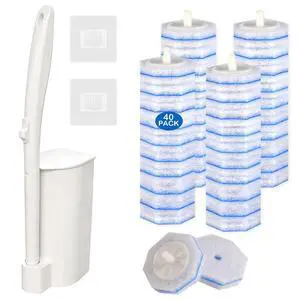 Disposable Toilet Brush and Holder Set, 40 Pre-Filled Refills, 5X Powerful No-Shed Pads, 360° Deep Toilet Bowl Clean, Toilet Bowl Cleaners with Storage Caddy & Adhesive Hooks Disposable Toilet Brush and Holder Set, 40 Pre-Filled Refills, 5X Powerful No-Shed Pads, 360° Deep Toilet Bowl Clean, Toilet Bowl Cleaners with Storage Caddy & Adhesive Hooks