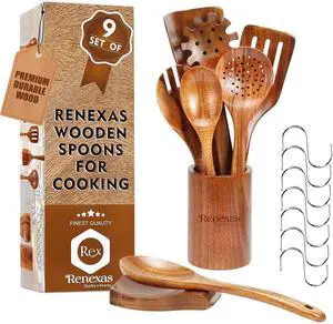 9-Piece Teak Wooden Kitchen Utensil Set Nonstick Safe Cooking Spoons & Spatulas, Heat Resistant, Durable Natural Wood, Comfortable Grip Handles 9-Piece Teak Wooden Kitchen Utensil Set Nonstick Safe Cooking Spoons & Spatulas, Heat Resistant, Durable Natural Wood, Comfortable Grip Handles