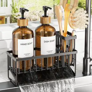 Kitchen Dish Soap Dispenser Set with 2 Pack 16.9oz Amber Glass Bottle and Sponge Holder, Dish Soap Dispensers with Adjustable Sponge Holder, Vintage Hand and Dish Soap Dispensers Set Kitchen Dish Soap Dispenser Set with 2 Pack 16.9oz Amber Glass Bottle and Sponge Holder, Dish Soap Dispensers with Adjustable Sponge Holder, Vintage Hand and Dish Soap Dispensers Set