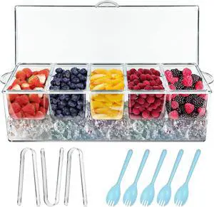 Bar Serving Tray on Ice with 5 Compartments Container, Fruit Trays for Serving, Garnish Platters with Lid, Chilled Condiment Server Bar Serving Tray on Ice with 5 Compartments Container, Fruit Trays for Serving, Garnish Platters with Lid, Chilled Condiment Server