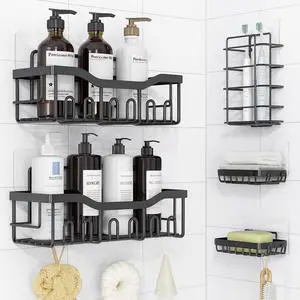 Adhesive Shower Caddy, 6 Pack Rustproof Stainless Steel Bathroom Organizers with Large Capacity, No Drilling Shelves with Soap Caddy & Toothbrush Wall-Mounted Shower Holder, Black Adhesive Shower Caddy, 6 Pack Rustproof Stainless Steel Bathroom Organizers with Large Capacity, No Drilling Shelves with Soap Caddy & Toothbrush Wall-Mounted Shower Holder, Black