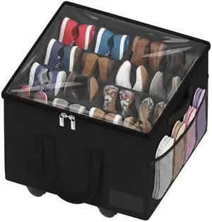 Large Shoe Organizer for Closet, 16 Pairs Shoe Storage Box with 360° Wheels & Reinforced Handles, Adjustable Dividers, Clear Cover, Side Pocket, Foldable Oxford Fabric Bin for Entryway, Black Large Shoe Organizer for Closet, 16 Pairs Shoe Storage Box with 360° Wheels & Reinforced Handles, Adjustable Dividers, Clear Cover, Side Pocket, Foldable Oxford Fabric Bin for Entryway, Black