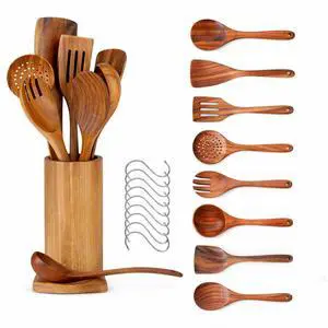 10-Piece Wooden Utensil Set with Holder, Spoon Rest & Hooks Durable Non Toxic Cooking Utensils - Wooden Spoons for Cooking, Ideal Kitchen Utensil Set for Cooking Enthusiasts & House Warming 10-Piece Wooden Utensil Set with Holder, Spoon Rest & Hooks Durable Non Toxic Cooking Utensils - Wooden Spoons for Cooking, Ideal Kitchen Utensil Set for Cooking Enthusiasts & House Warming