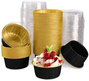 100 Pieces Aluminum Foil Baking Cups with Lids, 5oz Disposable Ramekin Cupcake Liners, Tart Pie Tin Pan Holder, Mini Cake Containers for Pudding, Souffle, Party, Wedding, Black Gold Color 100 Pieces Aluminum Foil Baking Cups with Lids, 5oz Disposable Ramekin Cupcake Liners, Tart Pie Tin Pan Holder, Mini Cake Containers for Pudding, Souffle, Party, Wedding, Black Gold Color