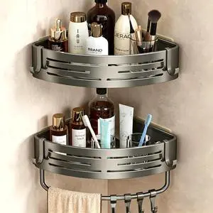 Corner Shower Caddy, 2 Pack Aluminum Alloy Shower Shelves with Adhesive Stickers, No Drilling, Removable Organizer with Towel Bar & Hooks Corner Shower Caddy, 2 Pack Aluminum Alloy Shower Shelves with Adhesive Stickers, No Drilling, Removable Organizer with Towel Bar & Hooks