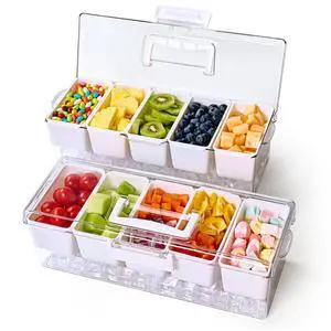 2 Pack Chilled Condiment Tray Server with 5 Removable Small Compartments Containers & Hidden Handle Design, Ice Chilled Condiment Organizer, Garnish Serving Tray for Camping, Fruit, Salad 2 Pack Chilled Condiment Tray Server with 5 Removable Small Compartments Containers & Hidden Handle Design, Ice Chilled Condiment Organizer, Garnish Serving Tray for Camping, Fruit, Salad