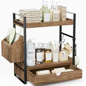 2-Tier Bathroom Counter Organizer with Drawer and Basket, Wood Countertop Organizer for Storage, Skincare Organizers for Vanity, Counter Shelf for Bathroom Organization(Dark Brown) 2-Tier Bathroom Counter Organizer with Drawer and Basket, Wood Countertop Organizer for Storage, Skincare Organizers for Vanity, Counter Shelf for Bathroom Organization(Dark Brown)