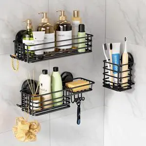 Shower Caddy Suction Cup, 3 Pack Heavy Duty Bathroom Organizer for Inside Shower with Hooks & Soap Holder, Removable Bathroom Holder, Rustproof Black Storage Shower Caddy Suction Cup, 3 Pack Heavy Duty Bathroom Organizer for Inside Shower with Hooks & Soap Holder, Removable Bathroom Holder, Rustproof Black Storage