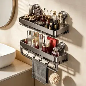 Suction Cup Shower Caddy, No Drilling Rectangular Shelf for Inside Shower, Heavy Duty Carbon Steel Bathroom Organizer Storage Rack with Towel Bar & Hooks, Rust-Resistant (Grey,2-Pack) Suction Cup Shower Caddy, No Drilling Rectangular Shelf for Inside Shower, Heavy Duty Carbon Steel Bathroom Organizer Storage Rack with Towel Bar & Hooks, Rust-Resistant (Grey,2-Pack)