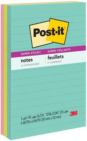 Super Sticky Notes, 4 x 6 in, Supernova Neons, 3 Lined Pads Super Sticky Notes, 4 x 6 in, Supernova Neons, 3 Lined Pads