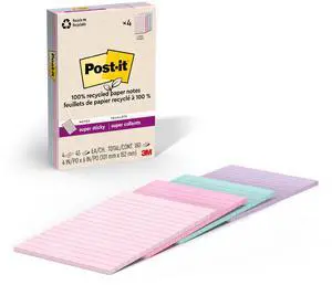 100% Recycled Paper Super Sticky Notes, Lined, 4 in. x 6 in., 4 Pads, 45 Sheets per Pad, Wanderlust Pastels, School Supplies and Office Products 100% Recycled Paper Super Sticky Notes, Lined, 4 in. x 6 in., 4 Pads, 45 Sheets per Pad, Wanderlust Pastels, School Supplies and Office Products