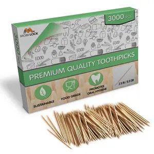 3000 Pcs Bamboo Toothpicks - Double Pointed Wooden Picks - For Personal Hygiene, Appetizer Skewers, Cocktail Sticks, Toothpick or Arts & Crafts - by Mobi Lock 3000 Pcs Bamboo Toothpicks - Double Pointed Wooden Picks - For Personal Hygiene, Appetizer Skewers, Cocktail Sticks, Toothpick or Arts & Crafts - by Mobi Lock