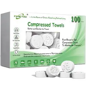 Compressed Towel Tablets 100 Count, Disposable Face Towels for Travel, Thick Soft Washcloths, Compact Coin Tissues for Skin Care, Gym, Camping, Home, 9 x 7.8 in Compressed Towel Tablets 100 Count, Disposable Face Towels for Travel, Thick Soft Washcloths, Compact Coin Tissues for Skin Care, Gym, Camping, Home, 9 x 7.8 in