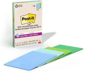 100% Recycled Super Sticky Notes, 3 x 3 in, Pastels, 6 Lined Pads 100% Recycled Super Sticky Notes, 3 x 3 in, Pastels, 6 Lined Pads