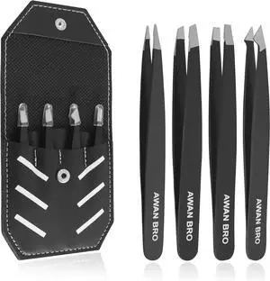 Premium Eyebrow Tweezers Set Stainless Steel 4 Piece Black Tweezers for Women Facial Hair, Tweezer for Men & Women Perfect for Eyebrow Shaping - Includes Carrying Case & 4 Types of Tweezer. Premium Eyebrow Tweezers Set Stainless Steel 4 Piece Black Tweezers for Women Facial Hair, Tweezer for Men & Women Perfect for Eyebrow Shaping - Includes Carrying Case & 4 Types of Tweezer.