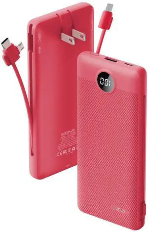 Portable Charger Built-in Cables and AC Wall Plug, VRURC USB C Power Bank 10000mAh, Travel Battery Portable Phone Charger Compact Lightweight External Battery Pack for SmartPhones,Tablets-Viva Magenta Portable Charger Built-in Cables and AC Wall Plug, VRURC USB C Power Bank 10000mAh, Travel Battery Portable Phone Charger Compact Lightweight External Battery Pack for SmartPhones,Tablets-Viva Magenta