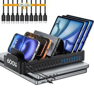20-Port 600W Charging Station for Multiple Devices, Dual 65W GaN5 Multi-device Charging Dock with 10 Cables, Fast Charger Station for Laptop, Phone, Tablet (Black) 20-Port 600W Charging Station for Multiple Devices, Dual 65W GaN5 Multi-device Charging Dock with 10 Cables, Fast Charger Station for Laptop, Phone, Tablet (Black)